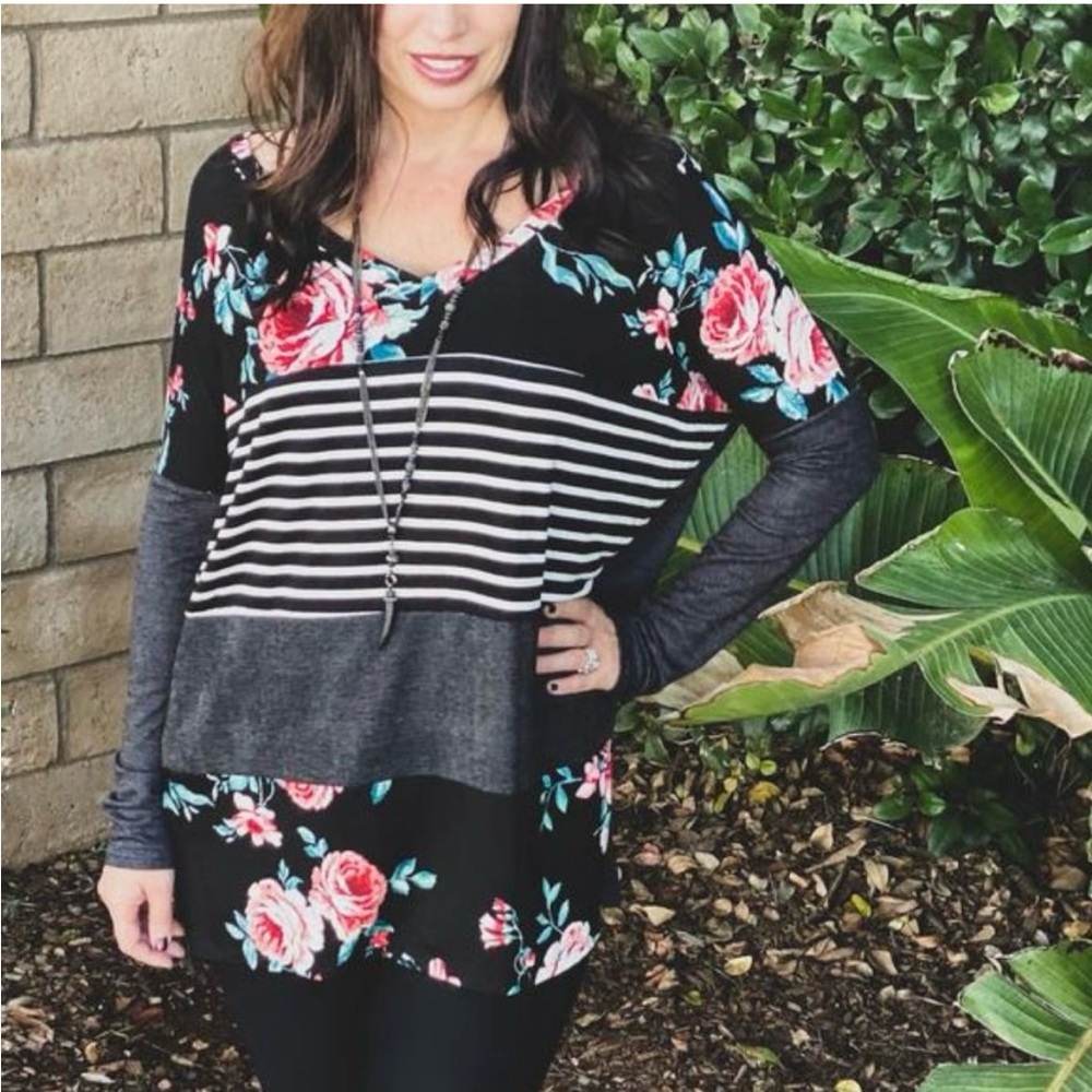 NWT A.Gain Stripes & Floral Colorblock Long Sleeve Tunic Top